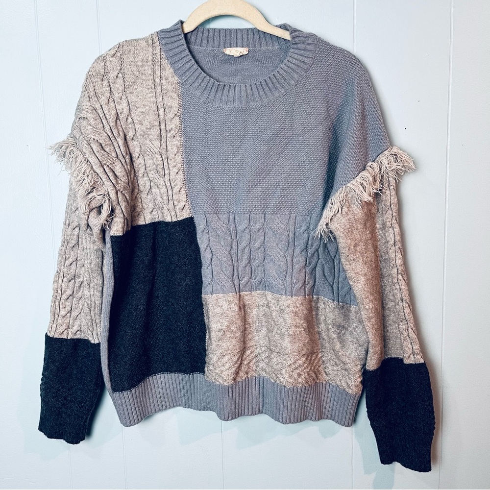 Patchwork Color Block Crew Sweater Sz Large Fringe Cable Knit Chunky Blue Gray